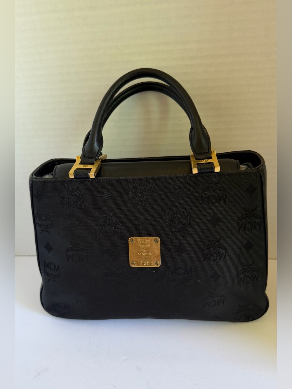 MCM Black canvas Logo Plaque Top-Handle Bag